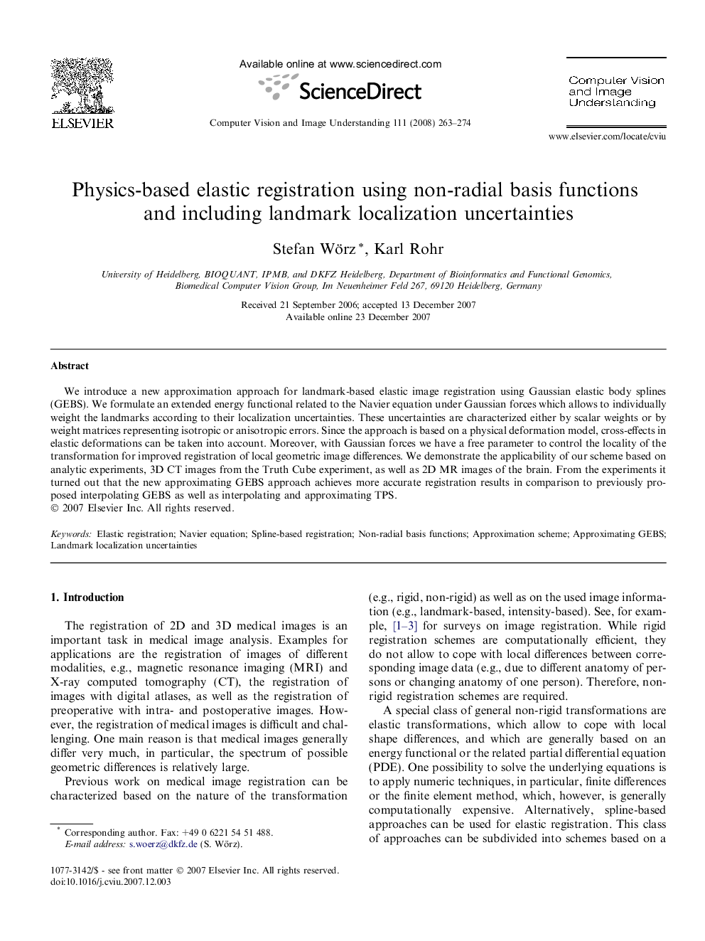 Physics-based elastic registration using non-radial basis functions and including landmark localization uncertainties