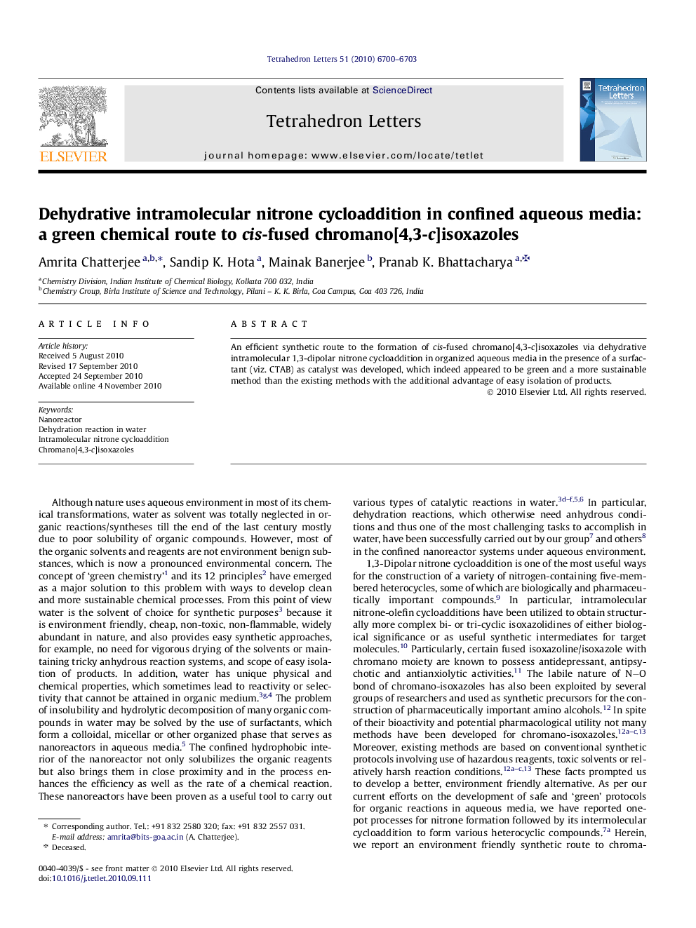 Dehydrative intramolecular nitrone cycloaddition in confined aqueous media: a green chemical route to cis-fused chromano[4,3-c]isoxazoles