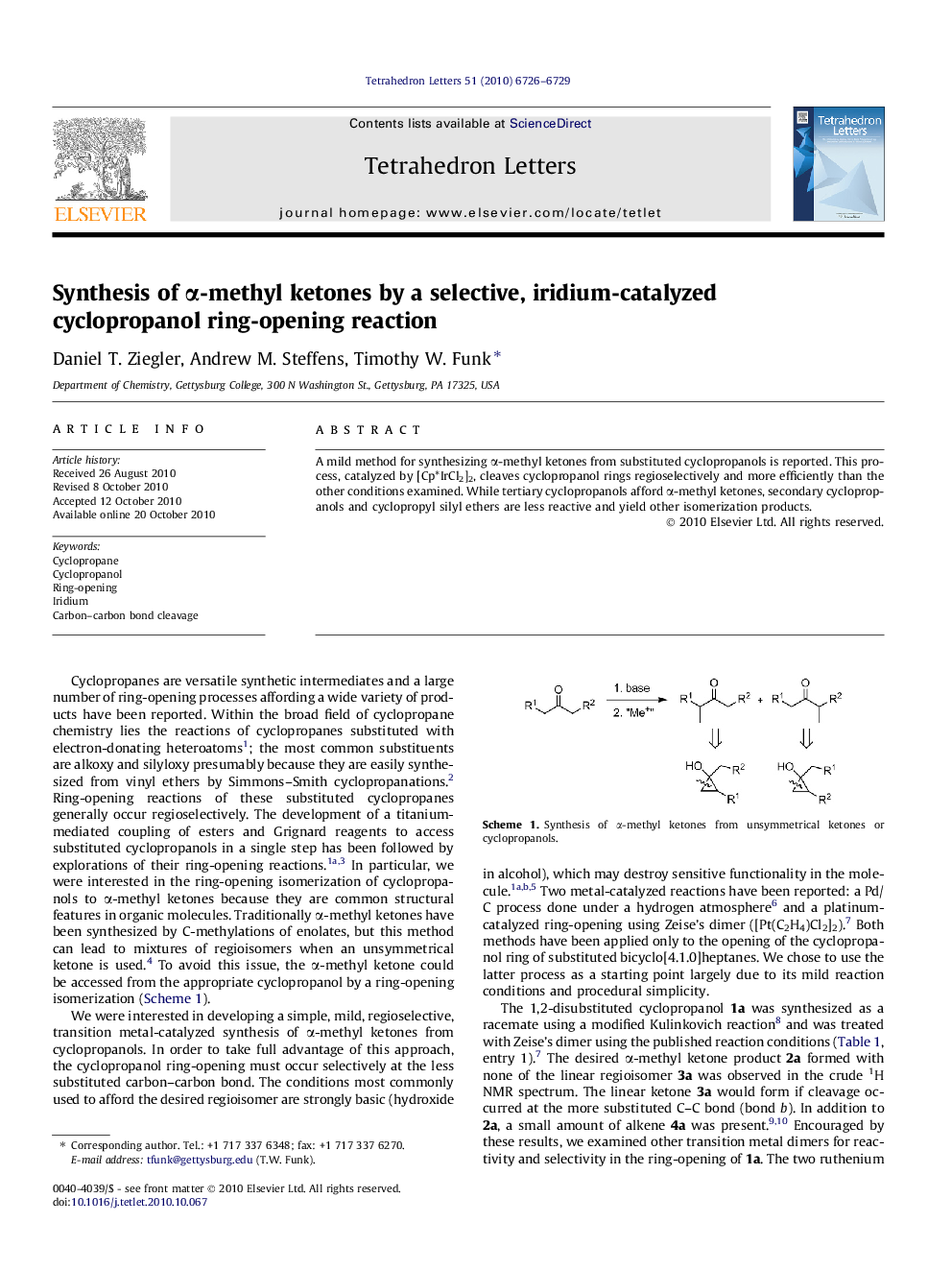 Synthesis of Î±-methyl ketones by a selective, iridium-catalyzed cyclopropanol ring-opening reaction