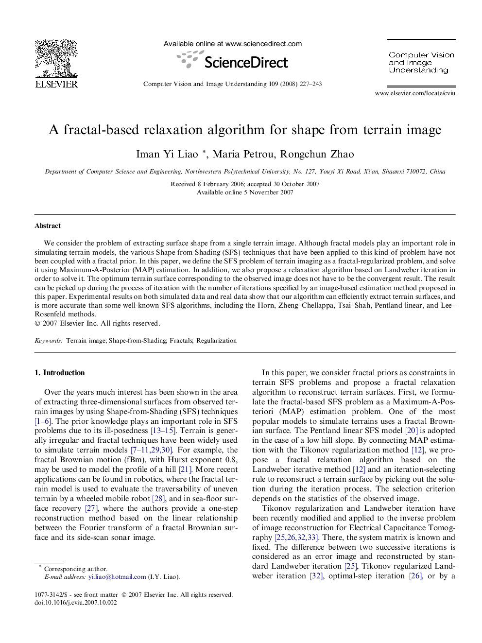 A fractal-based relaxation algorithm for shape from terrain image