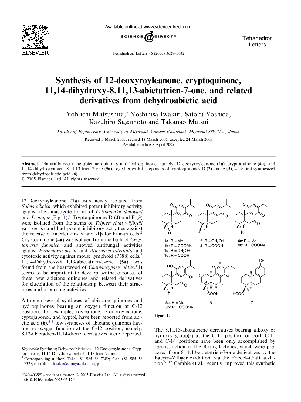 Synthesis of 12-deoxyroyleanone, cryptoquinone, 11,14-dihydroxy-8,11,13-abietatrien-7-one, and related derivatives from dehydroabietic acid