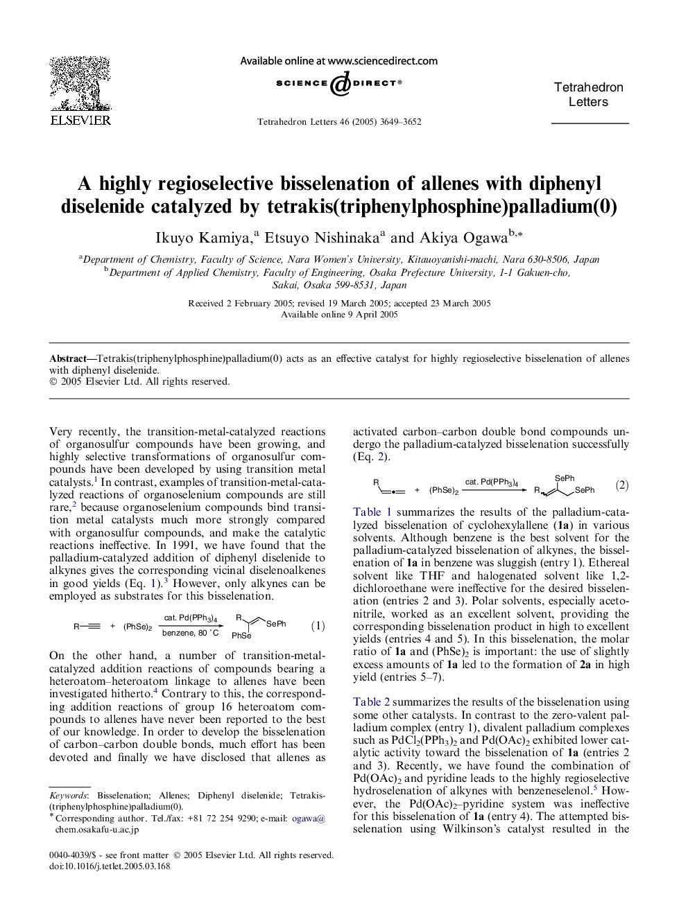 A highly regioselective bisselenation of allenes with diphenyl diselenide catalyzed by tetrakis(triphenylphosphine)palladium(0)