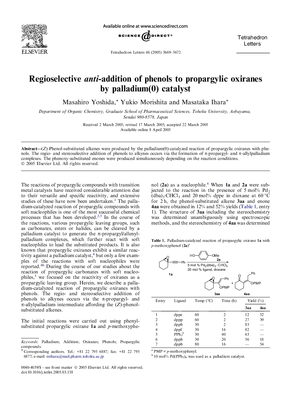 Regioselective anti-addition of phenols to propargylic oxiranes by palladium(0) catalyst