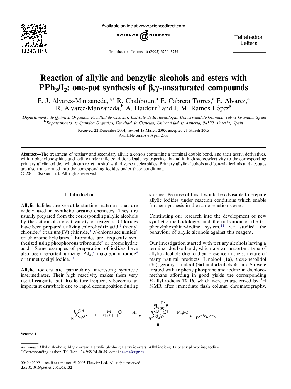 Reaction of allylic and benzylic alcohols and esters with PPh3/I2: one-pot synthesis of Î²,Î³-unsaturated compounds