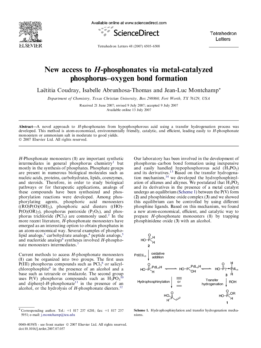 عکس صفحه اول مقاله: New access to H-phosphonates via metal-catalyzed phosphorus-oxygen bond formation New access to H-phosphonates via metal-catalyzed phosphorus-oxygen bond formation
