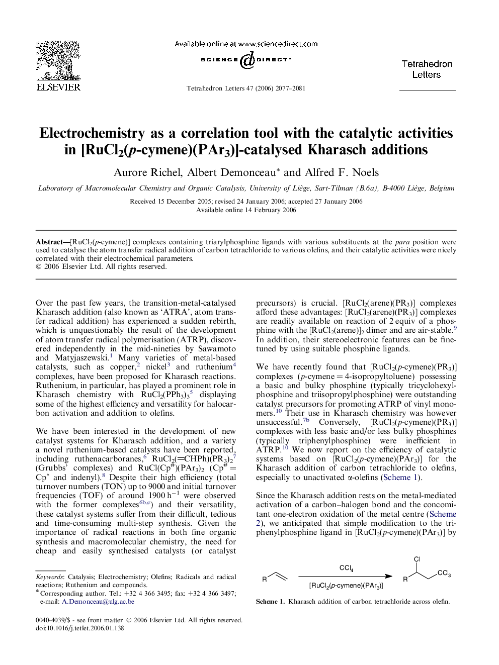 Electrochemistry as a correlation tool with the catalytic activities in [RuCl2(p-cymene)(PAr3)]-catalysed Kharasch additions