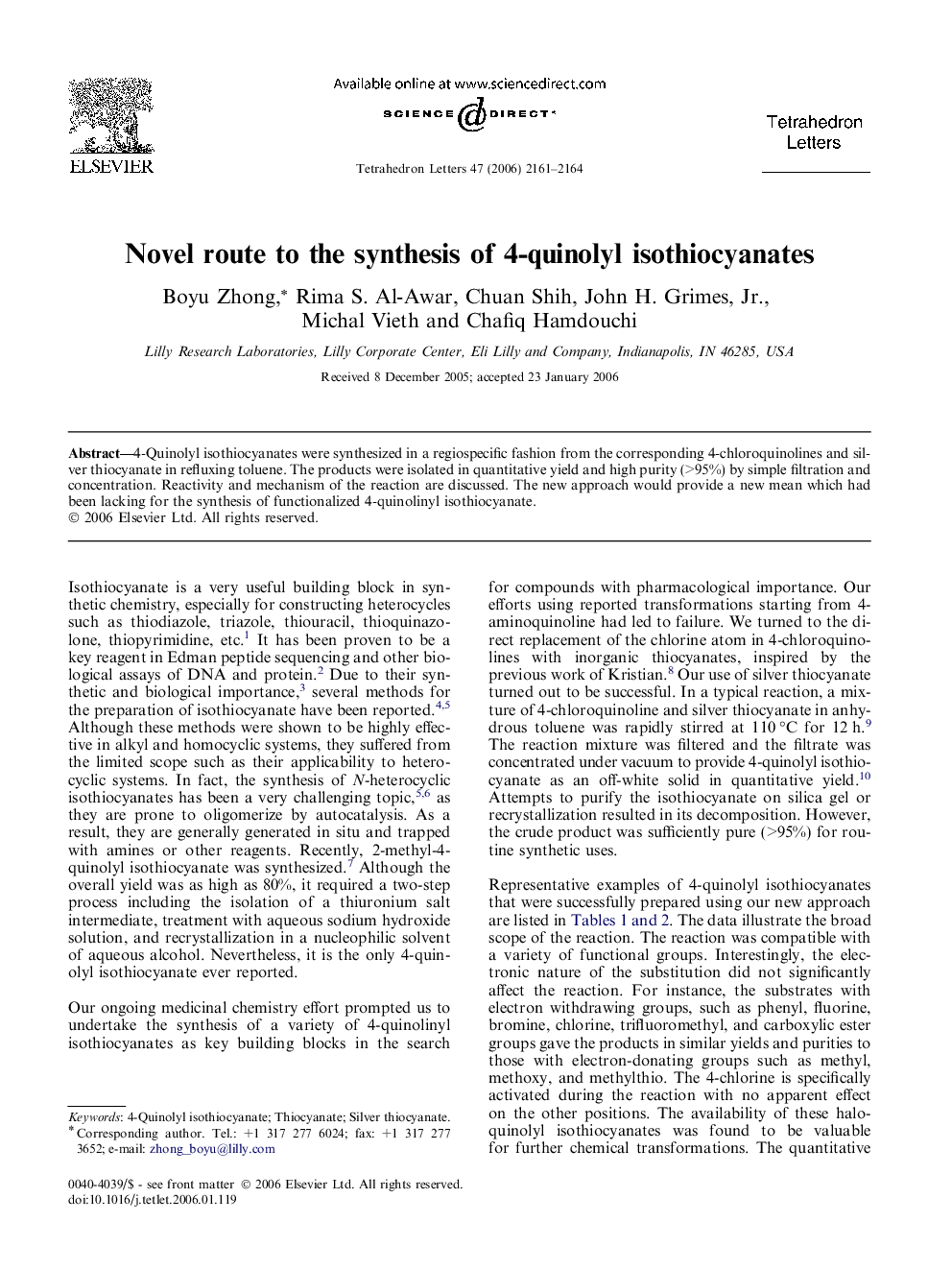 Novel route to the synthesis of 4-quinolyl isothiocyanates