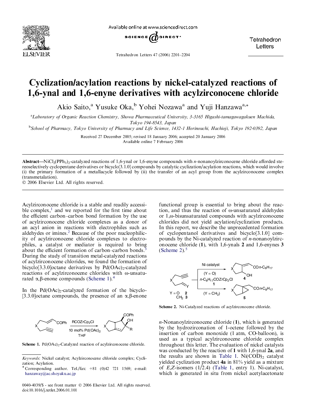 Cyclization/acylation reactions by nickel-catalyzed reactions of 1,6-ynal and 1,6-enyne derivatives with acylzirconocene chloride