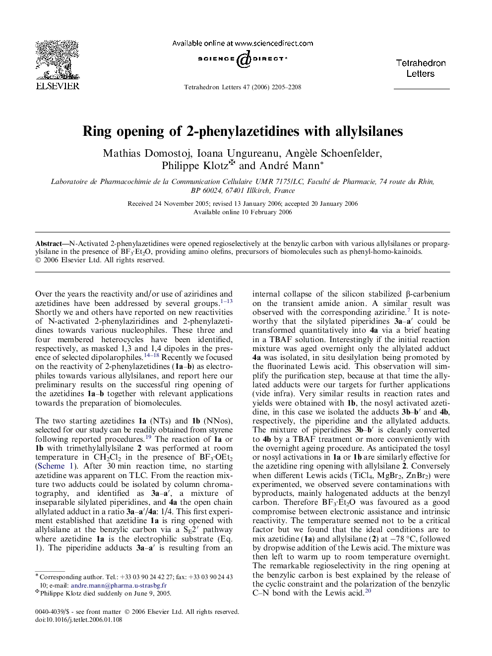 عکس صفحه اول مقاله: Ring opening of 2-phenylazetidines with allylsilanes Ring opening of 2-phenylazetidines with allylsilanes