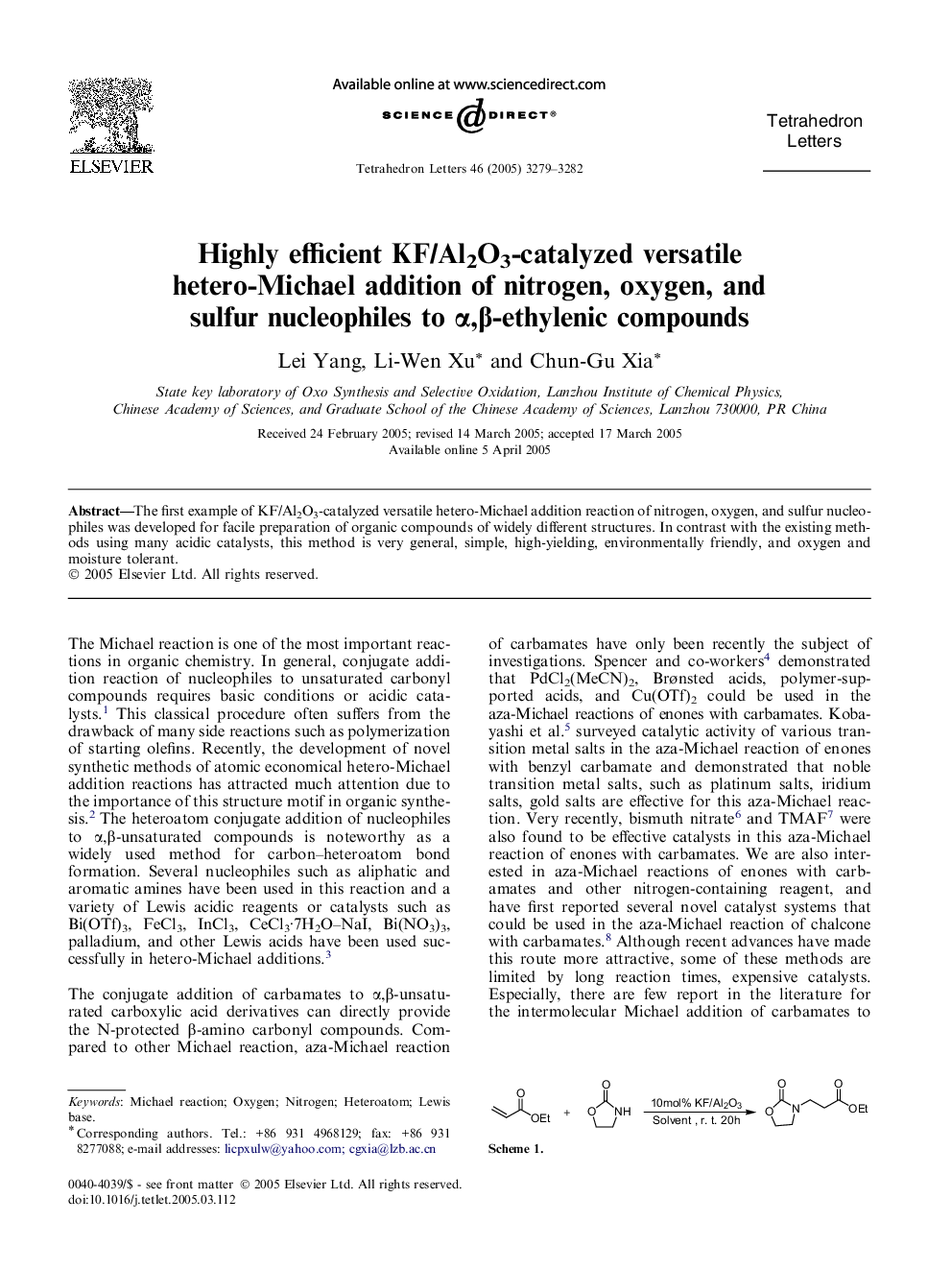 Highly efficient KF/Al2O3-catalyzed versatile hetero-Michael addition of nitrogen, oxygen, and sulfur nucleophiles to Î±,Î²-ethylenic compounds