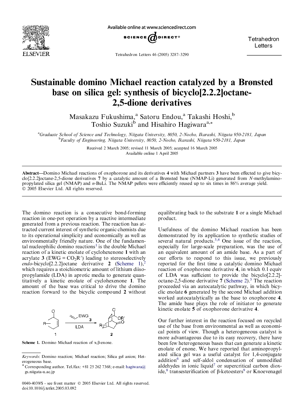 Sustainable domino Michael reaction catalyzed by a BrÃ¸nsted base on silica gel: synthesis of bicyclo[2.2.2]octane-2,5-dione derivatives