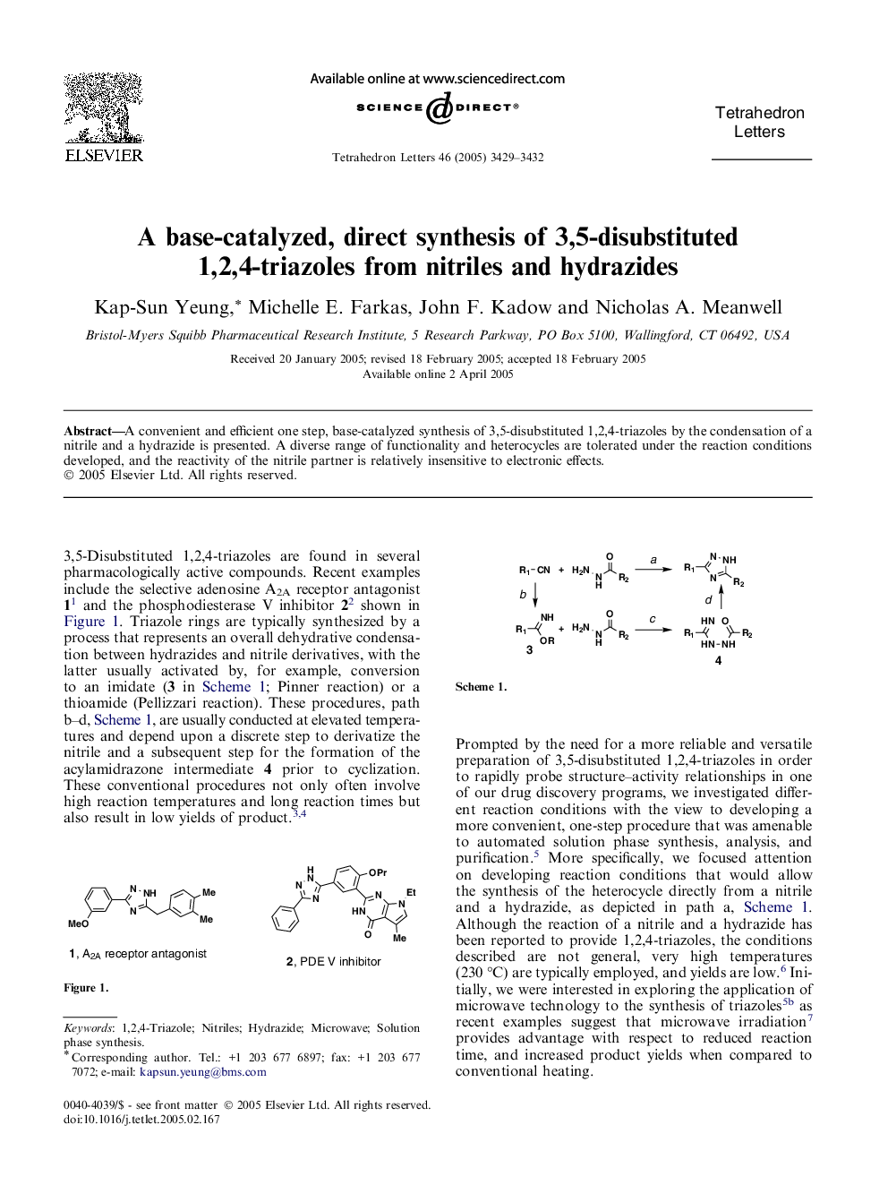 A base-catalyzed, direct synthesis of 3,5-disubstituted 1,2,4-triazoles from nitriles and hydrazides