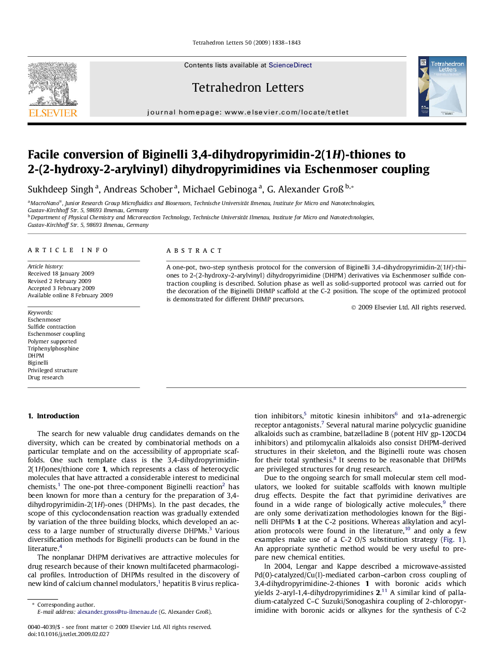 Facile conversion of Biginelli 3,4-dihydropyrimidin-2(1H)-thiones to 2-(2-hydroxy-2-arylvinyl) dihydropyrimidines via Eschenmoser coupling