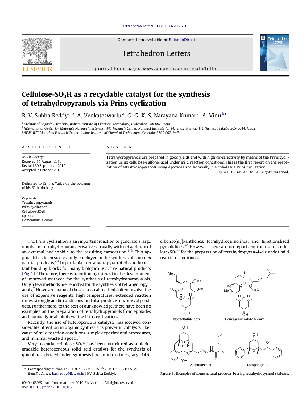 Cellulose-SO3H as a recyclable catalyst for the synthesis of tetrahydropyranols via Prins cyclization