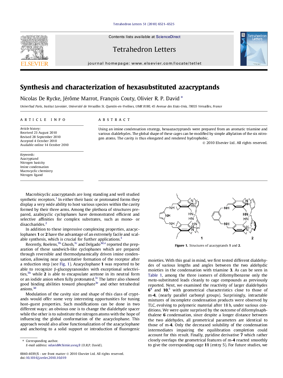 عکس صفحه اول مقاله: Synthesis and characterization of hexasubstituted azacryptands Synthesis and characterization of hexasubstituted azacryptands