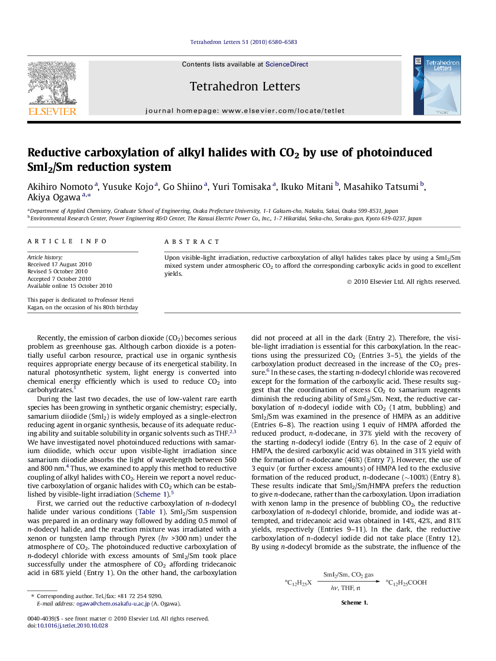عکس صفحه اول مقاله: Reductive carboxylation of alkyl halides with CO2 by use of photoinduced SmI2/Sm reduction system Reductive carboxylation of alkyl halides with CO2 by use of photoinduced SmI2/Sm reduction system