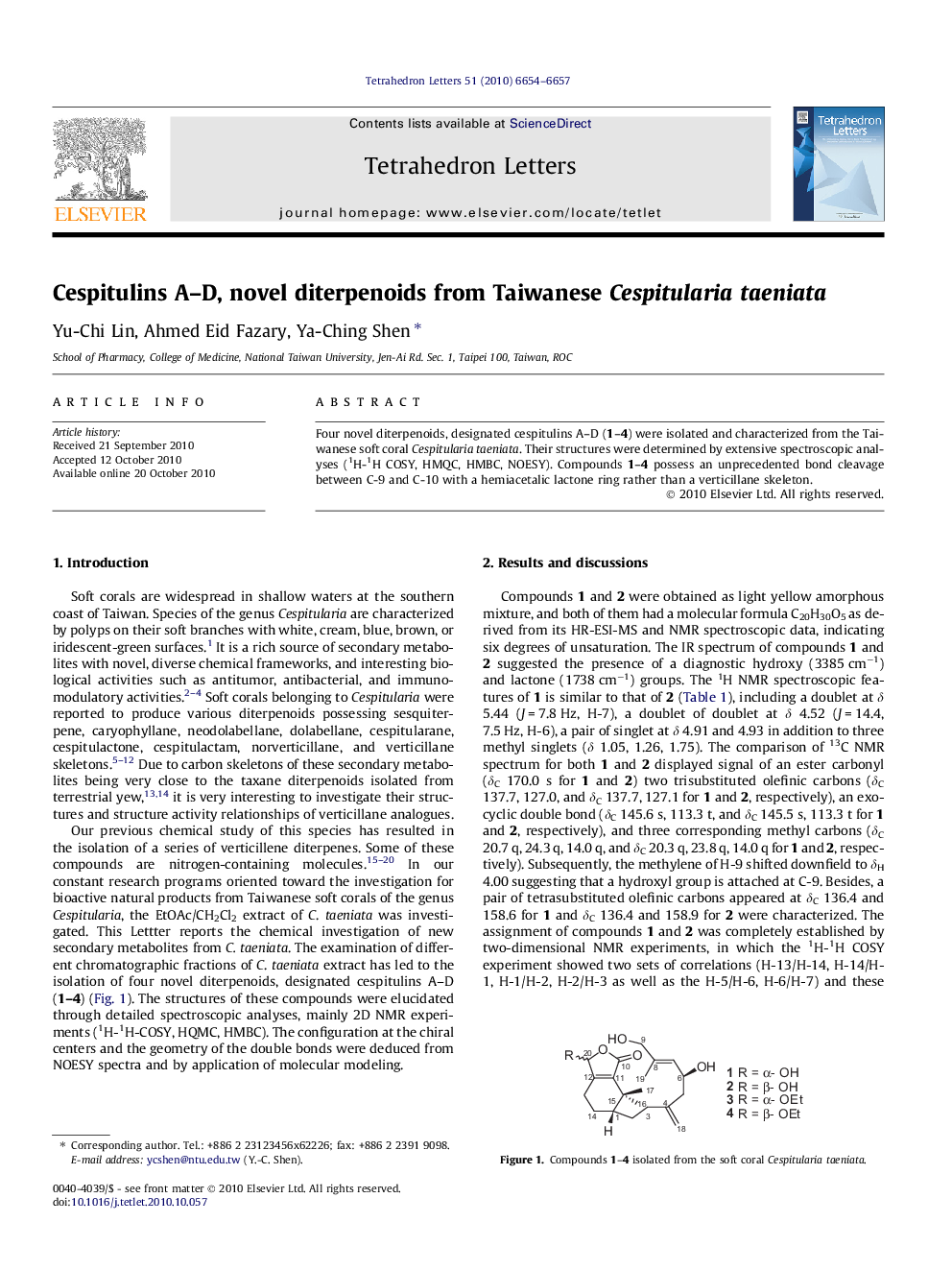 Cespitulins A-D, novel diterpenoids from Taiwanese Cespitularia taeniata