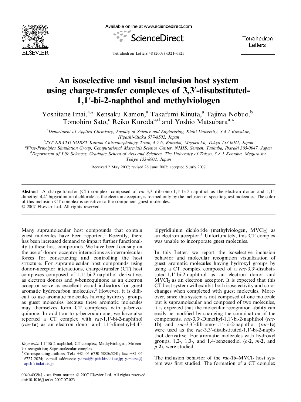 An isoselective and visual inclusion host system using charge-transfer complexes of 3,3â²-disubstituted-1,1â²-bi-2-naphthol and methylviologen