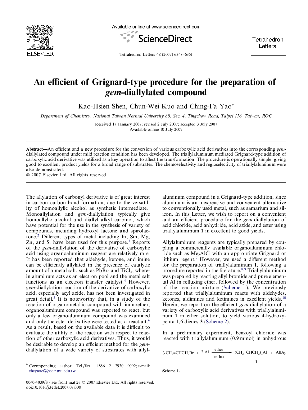 An efficient of Grignard-type procedure for the preparation of gem-diallylated compound