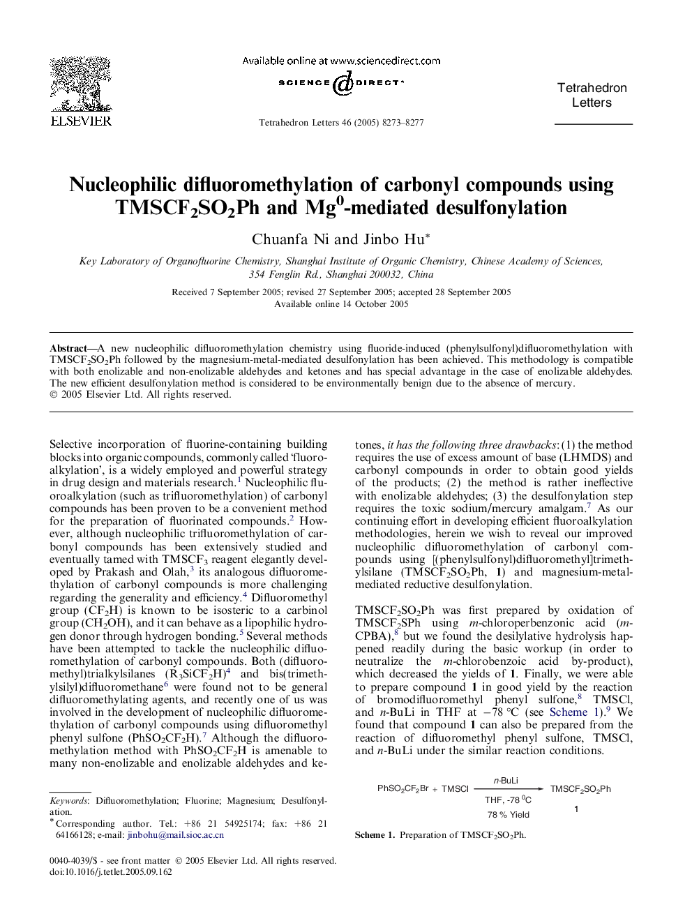 Nucleophilic difluoromethylation of carbonyl compounds using TMSCF2SO2Ph and Mg0-mediated desulfonylation