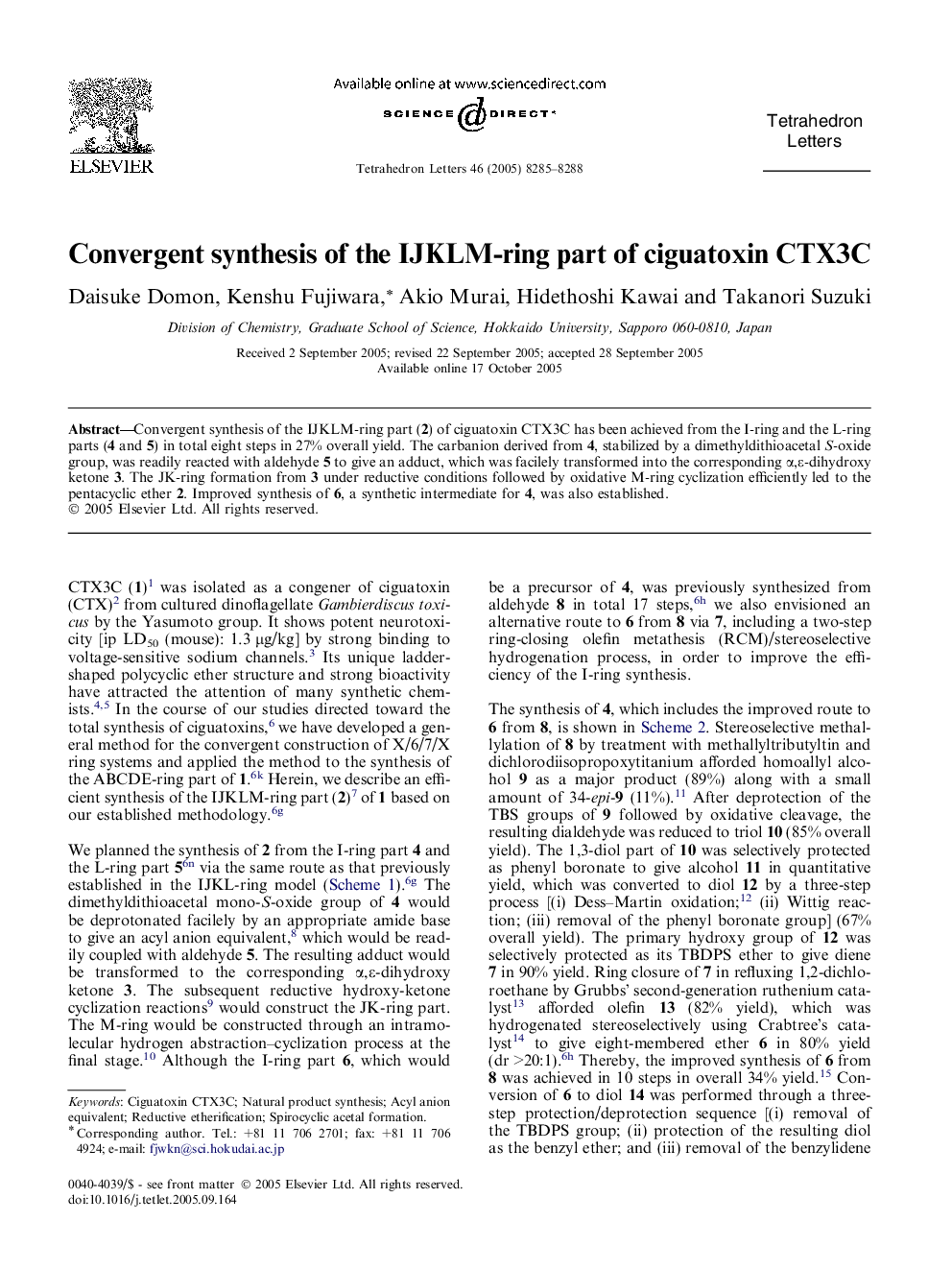 Convergent synthesis of the IJKLM-ring part of ciguatoxin CTX3C