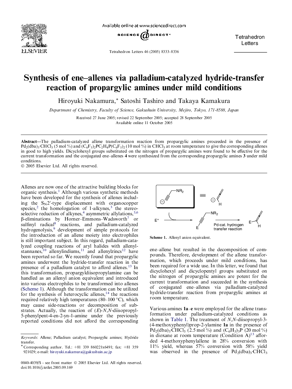 Synthesis of ene-allenes via palladium-catalyzed hydride-transfer reaction of propargylic amines under mild conditions