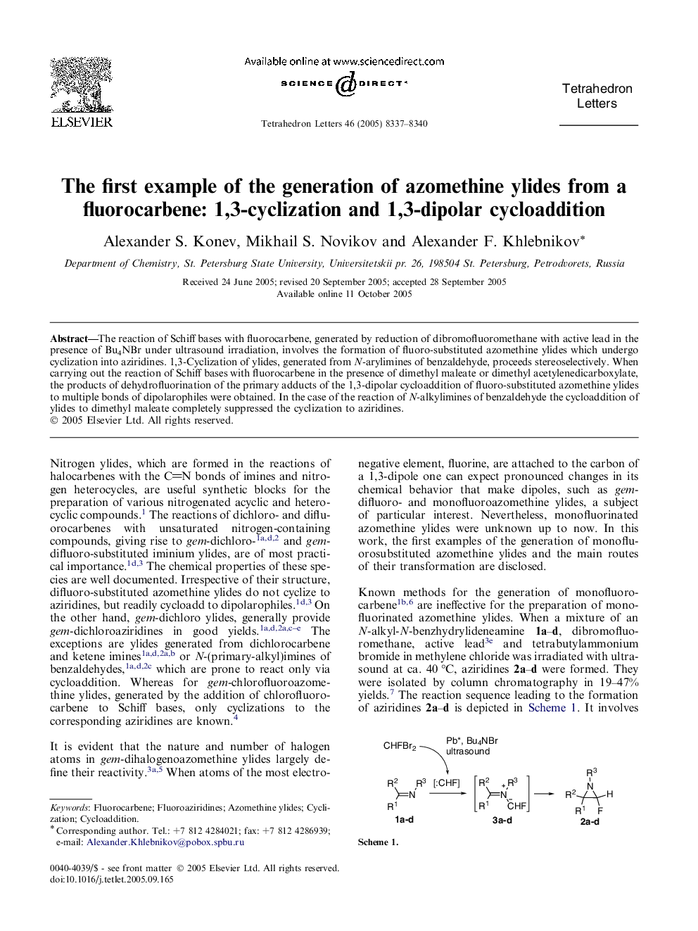 The first example of the generation of azomethine ylides from a fluorocarbene: 1,3-cyclization and 1,3-dipolar cycloaddition