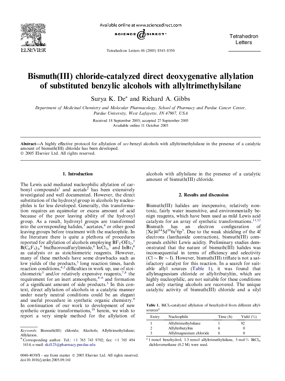 Bismuth(III) chloride-catalyzed direct deoxygenative allylation of substituted benzylic alcohols with allyltrimethylsilane