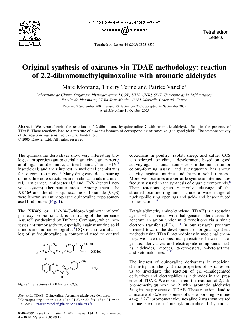 Original synthesis of oxiranes via TDAE methodology: reaction of 2,2-dibromomethylquinoxaline with aromatic aldehydes