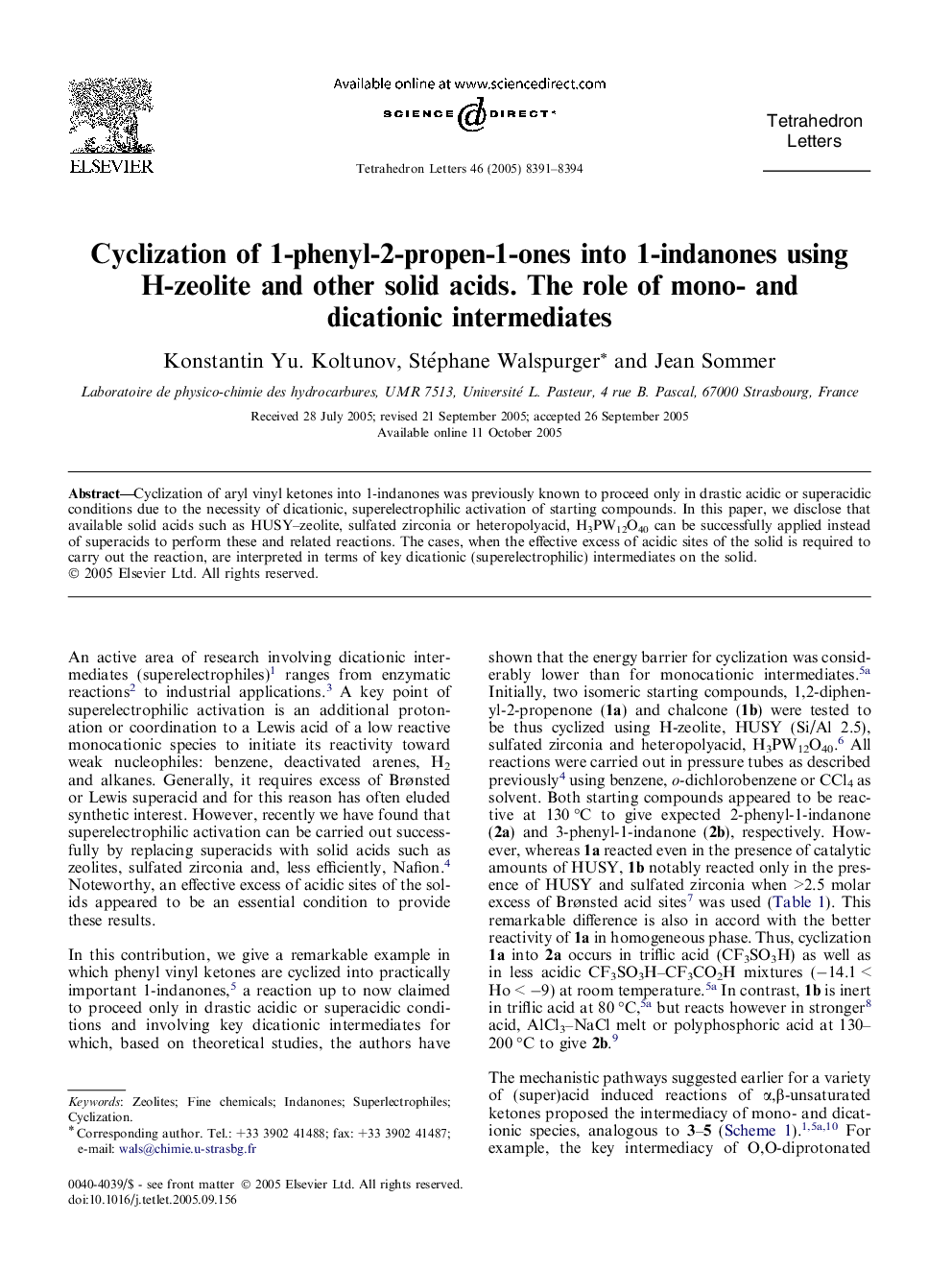 Cyclization of 1-phenyl-2-propen-1-ones into 1-indanones using H-zeolite and other solid acids. The role of mono- and dicationic intermediates