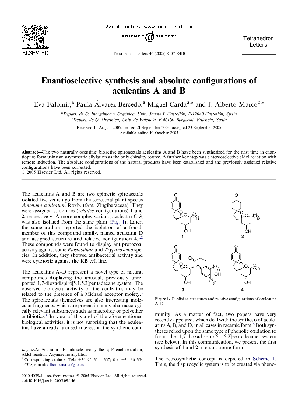 Enantioselective synthesis and absolute configurations of aculeatins A and B