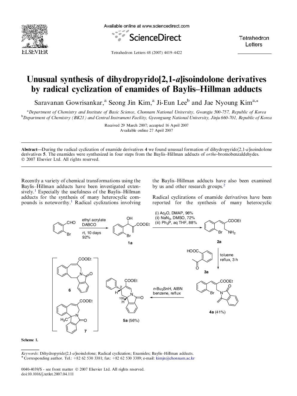 Unusual synthesis of dihydropyrido[2,1-a]isoindolone derivatives by radical cyclization of enamides of Baylis-Hillman adducts