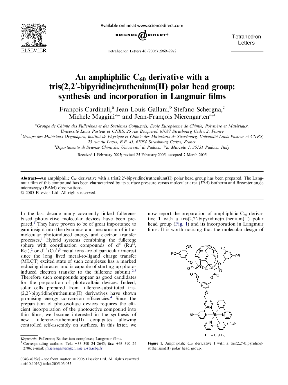 An amphiphilic C60 derivative with a tris(2,2â²-bipyridine)ruthenium(II) polar head group: synthesis and incorporation in Langmuir films