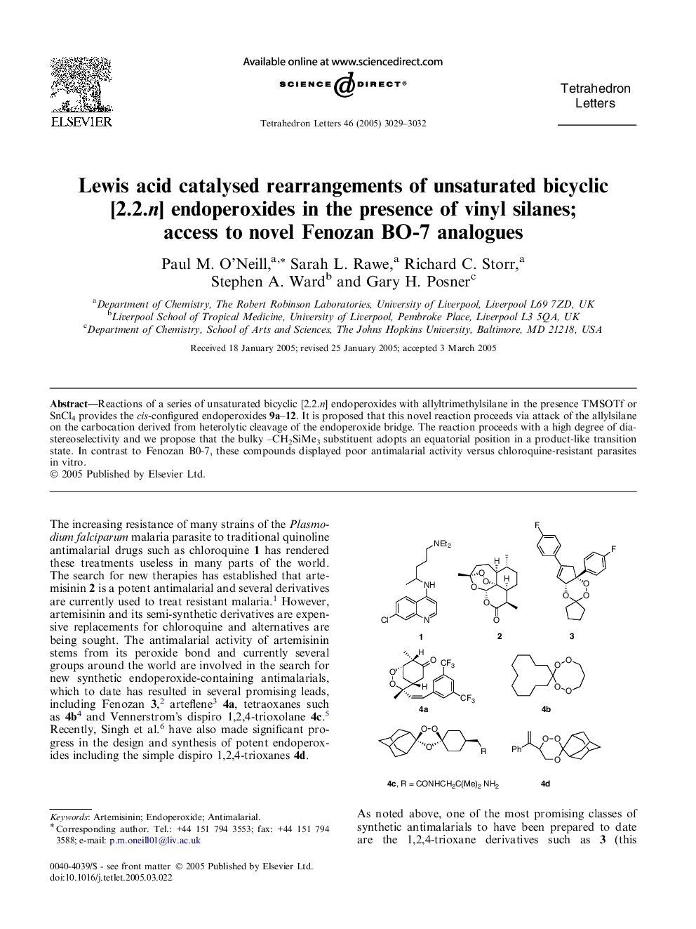 Lewis acid catalysed rearrangements of unsaturated bicyclic [2.2.n] endoperoxides in the presence of vinyl silanes; access to novel Fenozan BO-7 analogues