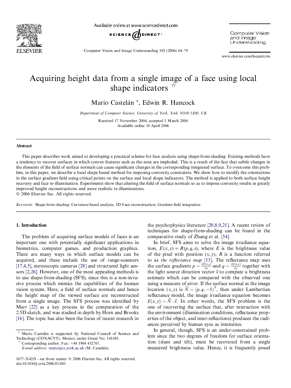 Acquiring height data from a single image of a face using local shape indicators 