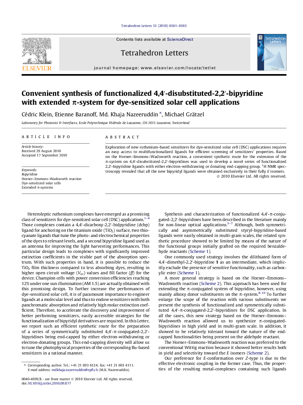 Convenient synthesis of functionalized 4,4â²-disubstituted-2,2â²-bipyridine with extended Ï-system for dye-sensitized solar cell applications