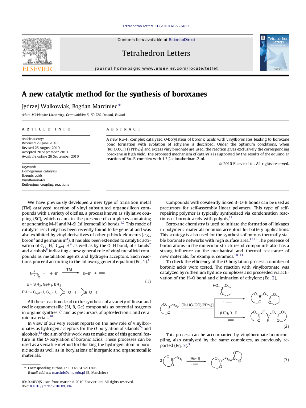 A new catalytic method for the synthesis of boroxanes