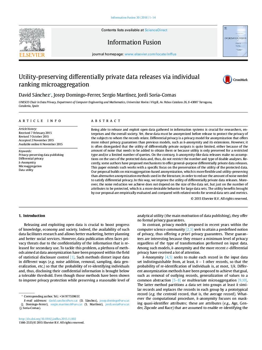 Utility-preserving differentially private data releases via individual ranking microaggregation