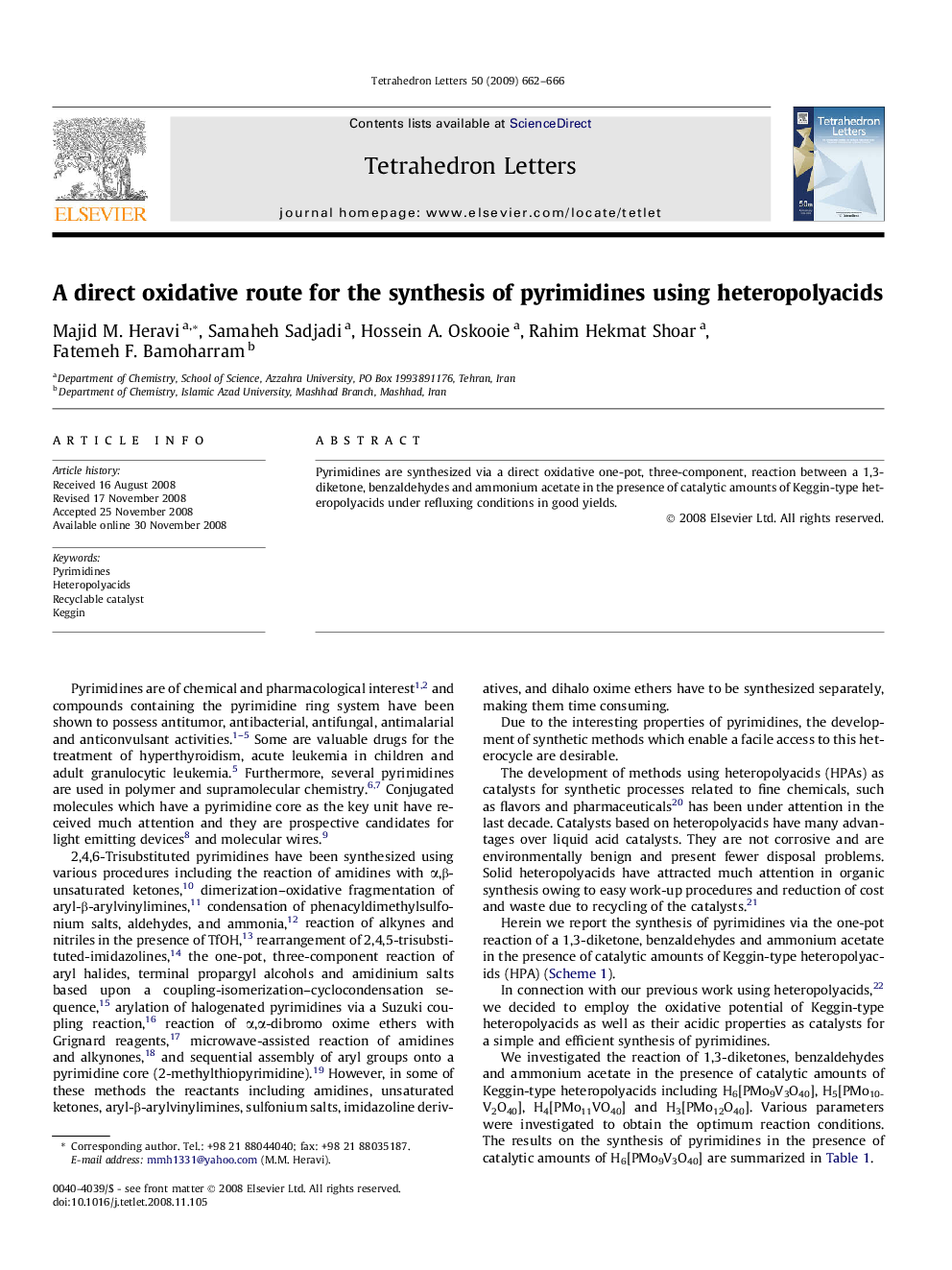 A direct oxidative route for the synthesis of pyrimidines using heteropolyacids