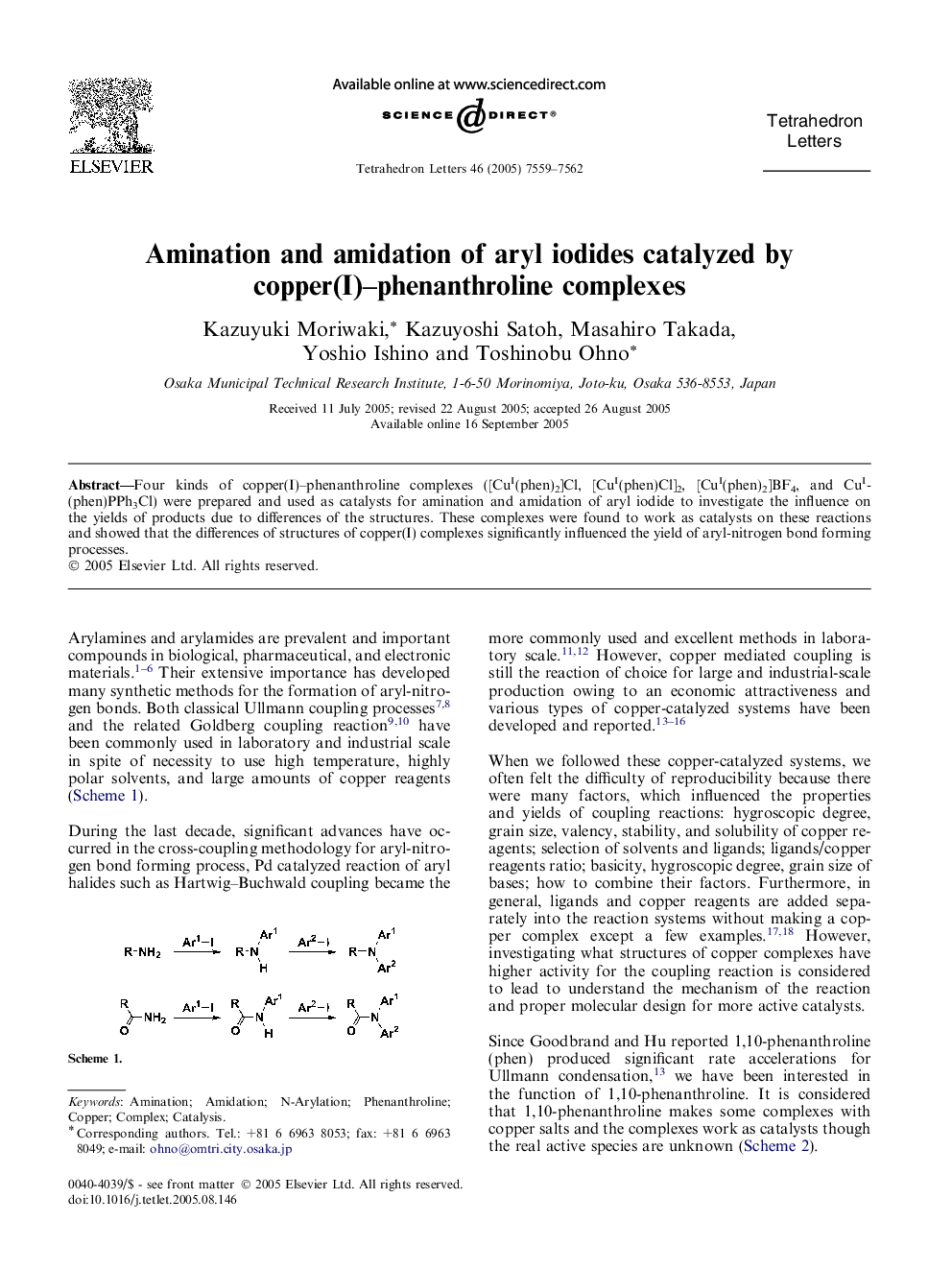 Amination and amidation of aryl iodides catalyzed by copper(I)-phenanthroline complexes