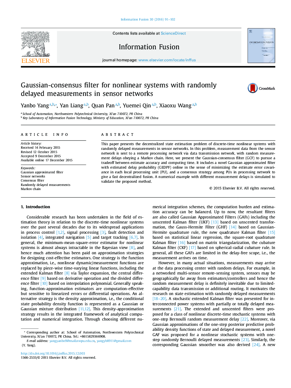 Gaussian-consensus filter for nonlinear systems with randomly delayed measurements in sensor networks