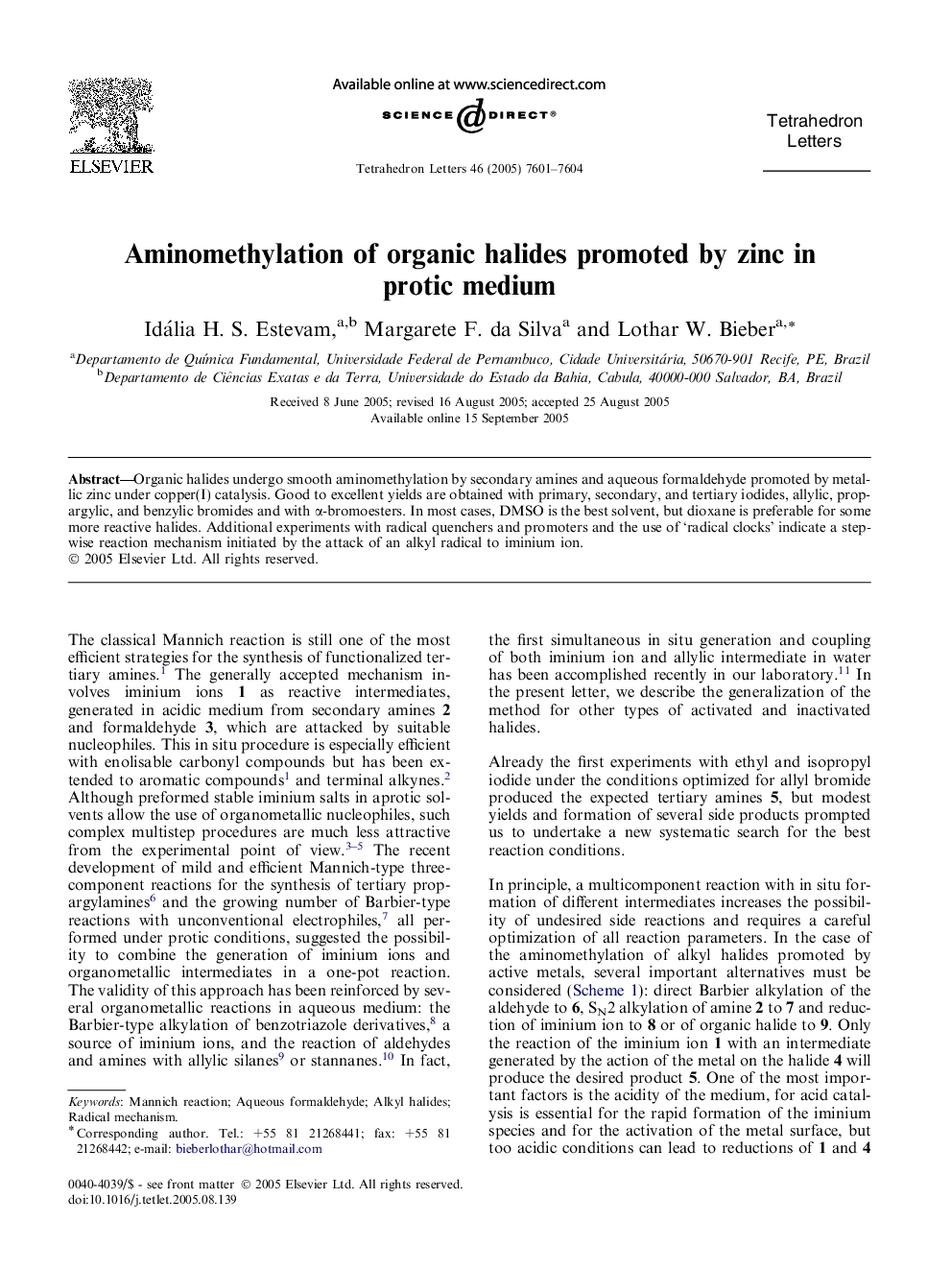 Aminomethylation of organic halides promoted by zinc in protic medium