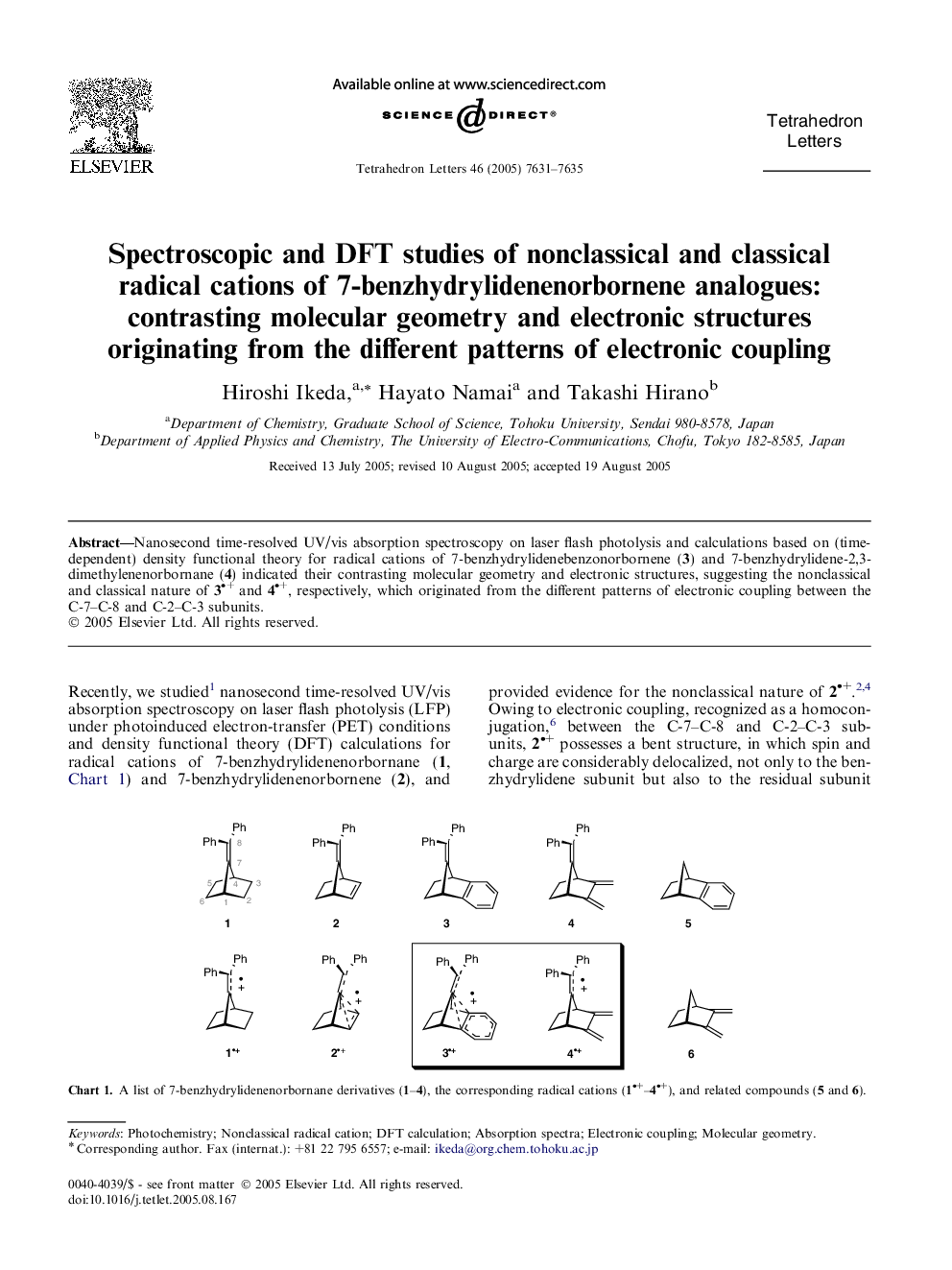 Spectroscopic and DFT studies of nonclassical and classical radical cations of 7-benzhydrylidenenorbornene analogues: contrasting molecular geometry and electronic structures originating from the different patterns of electronic coupling