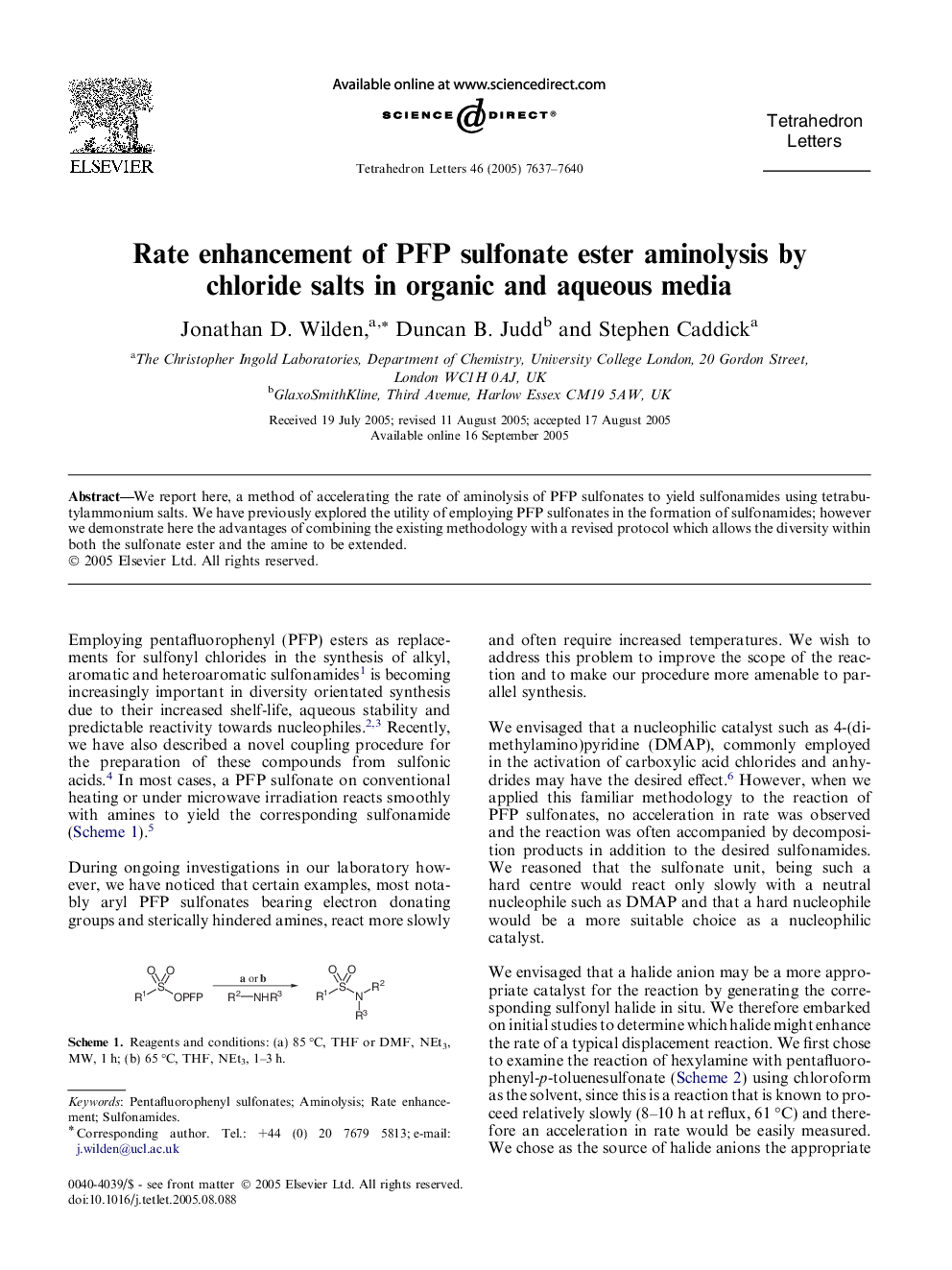 Rate enhancement of PFP sulfonate ester aminolysis by chloride salts in organic and aqueous media