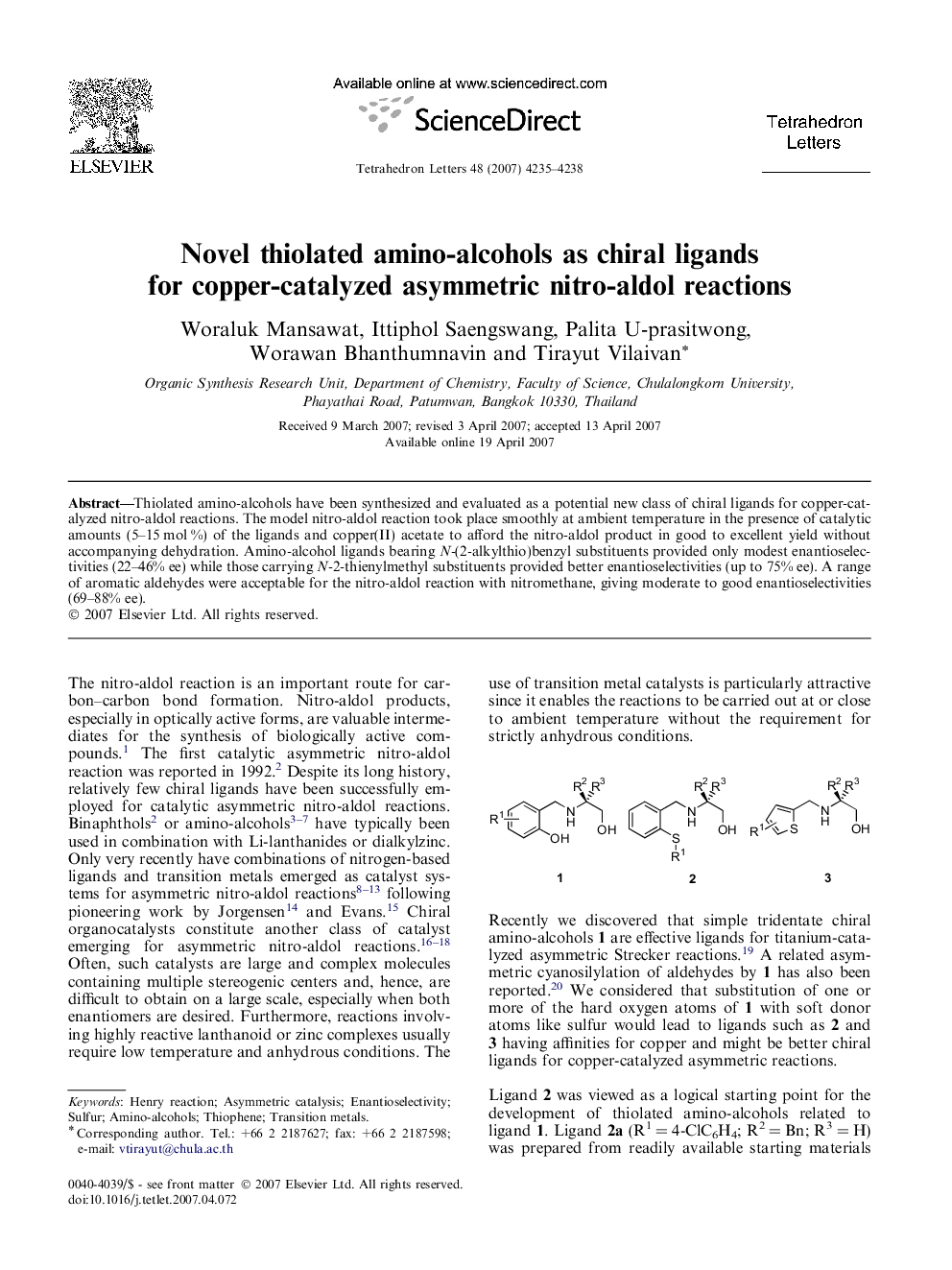 Novel thiolated amino-alcohols as chiral ligands for copper-catalyzed asymmetric nitro-aldol reactions