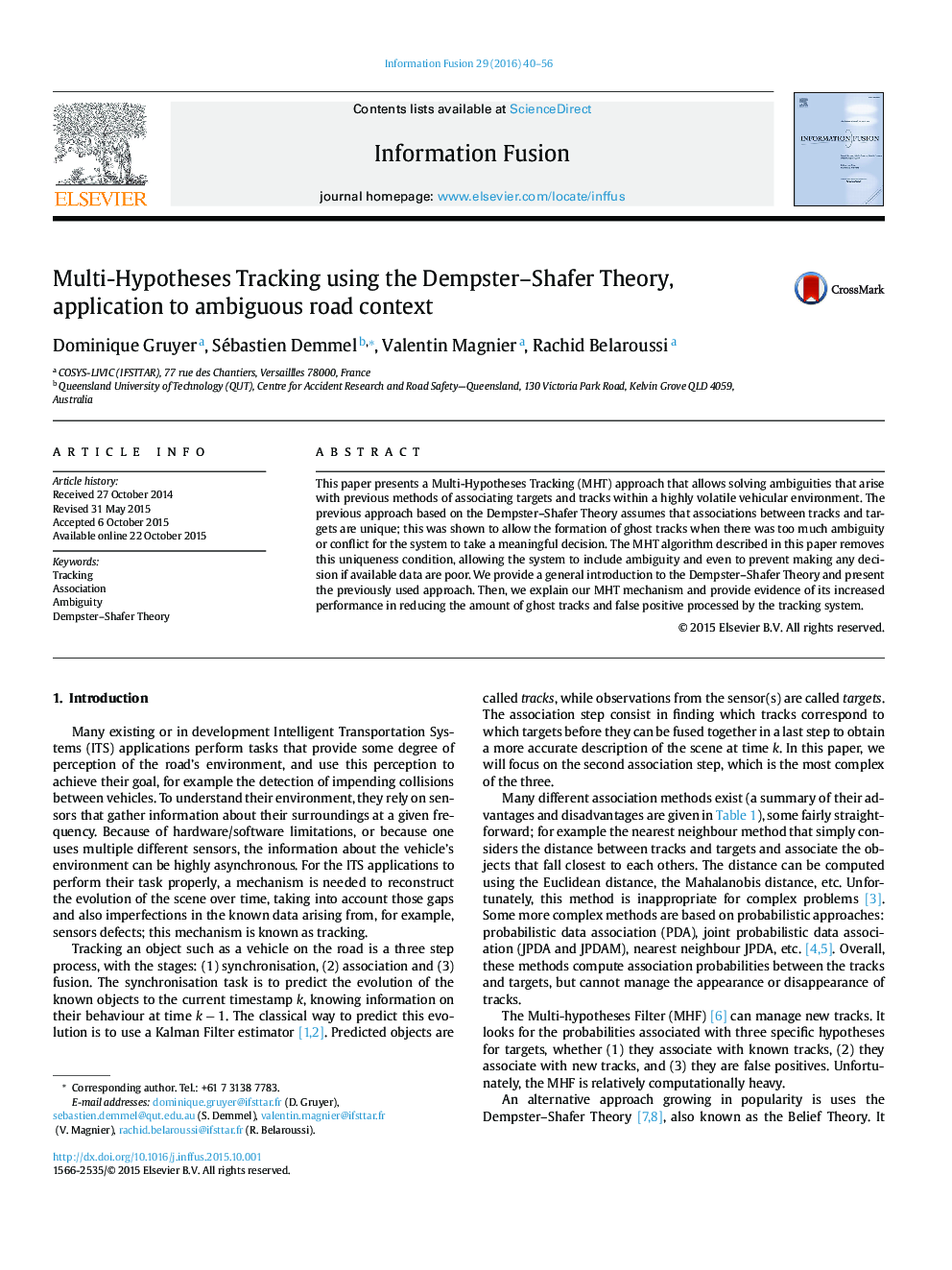 Multi-Hypotheses Tracking using the Dempster–Shafer Theory, application to ambiguous road context