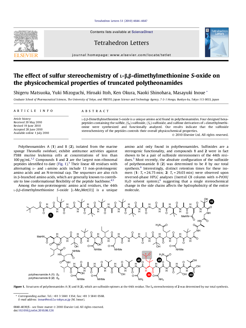 The effect of sulfur stereochemistry of l-Î²,Î²-dimethylmethionine S-oxide on the physicochemical properties of truncated polytheonamides
