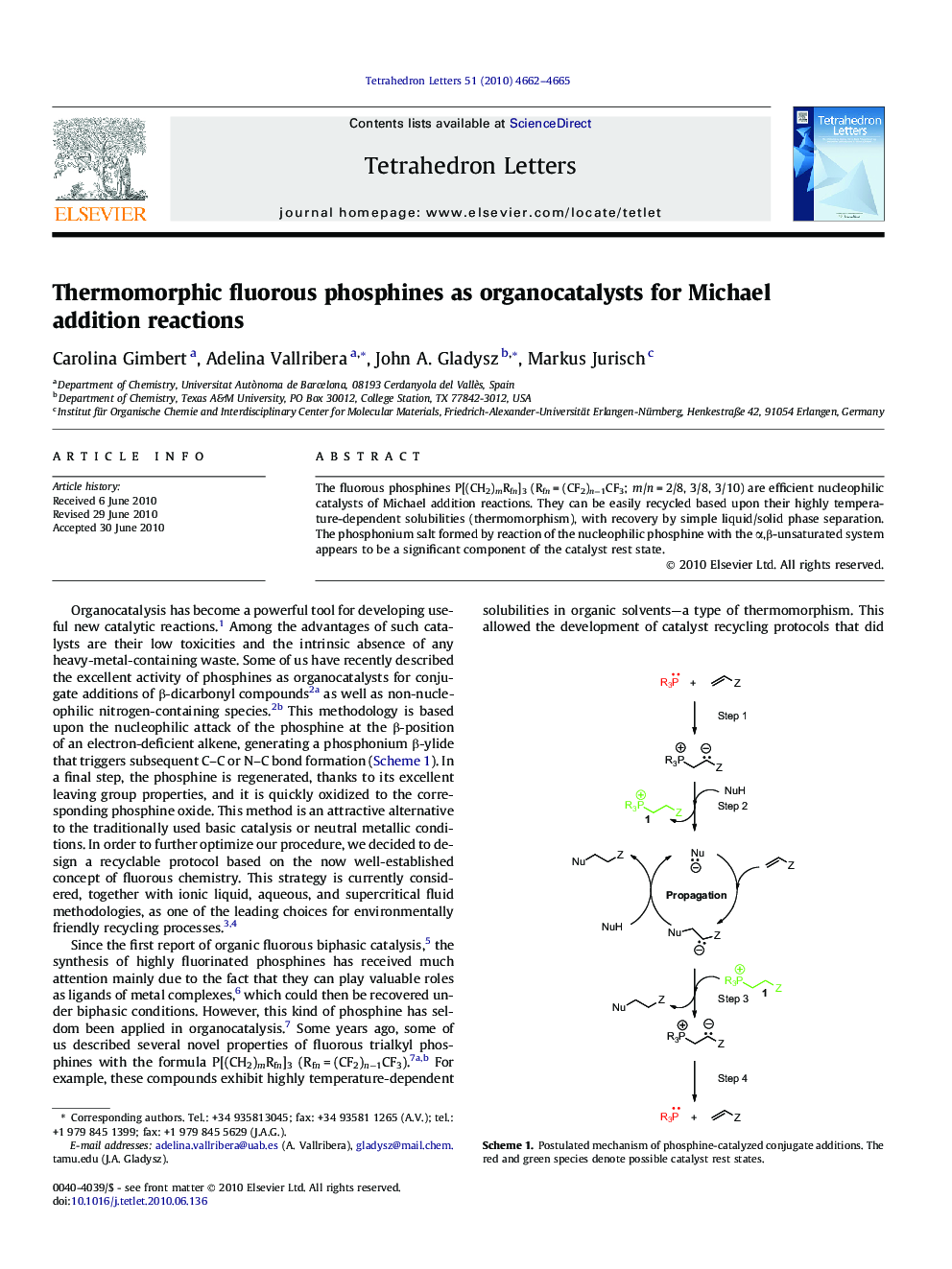 Thermomorphic fluorous phosphines as organocatalysts for Michael addition reactions