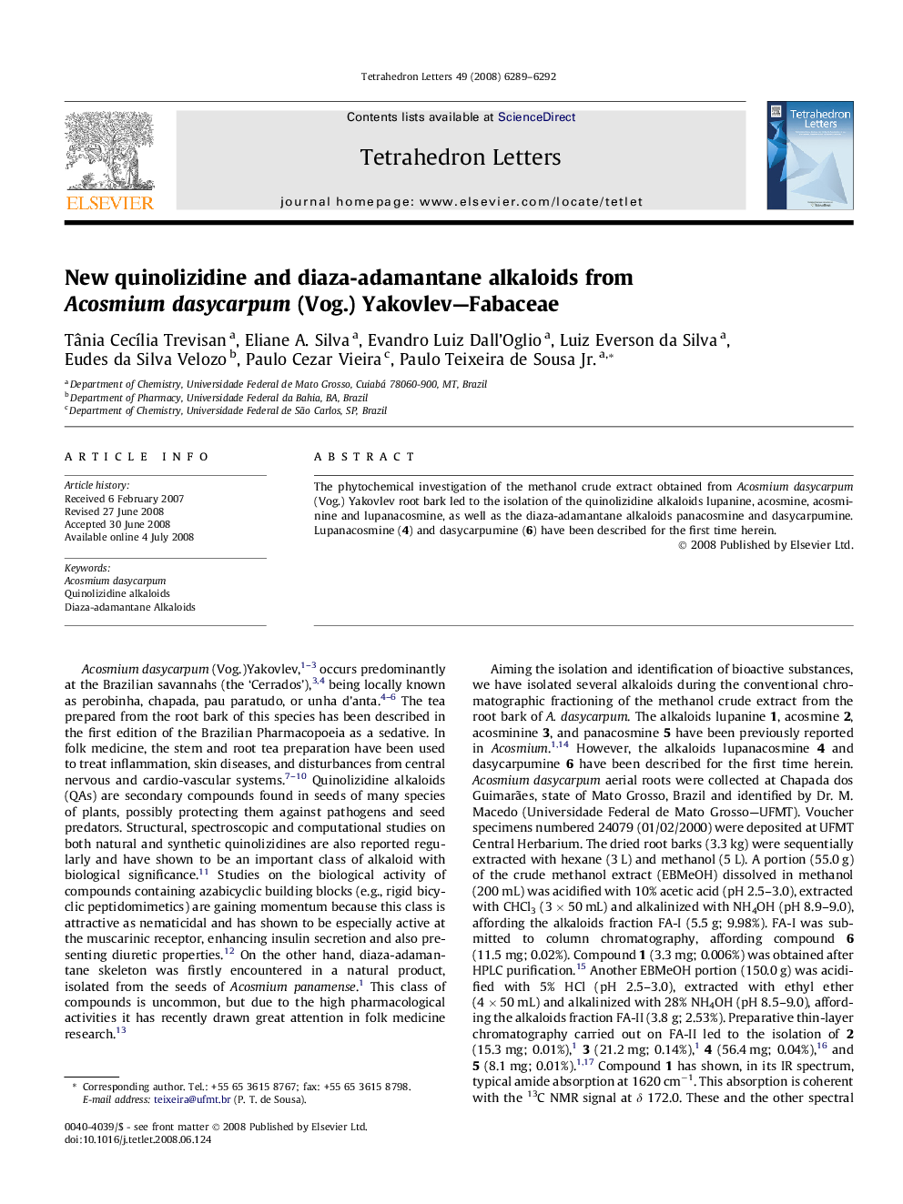 New quinolizidine and diaza-adamantane alkaloids from Acosmium dasycarpum (Vog.) Yakovlev-Fabaceae