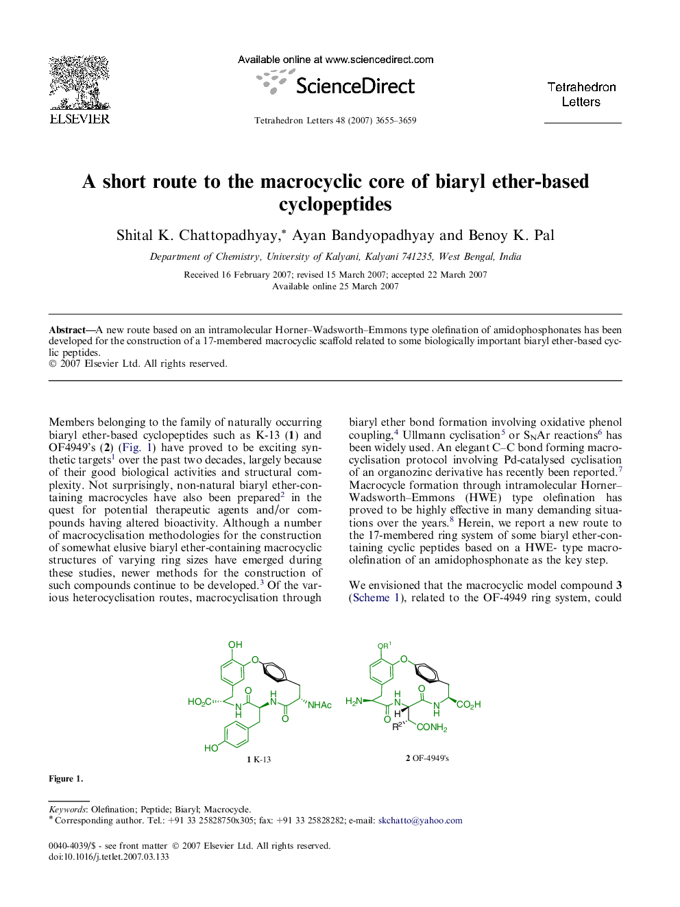 A short route to the macrocyclic core of biaryl ether-based cyclopeptides